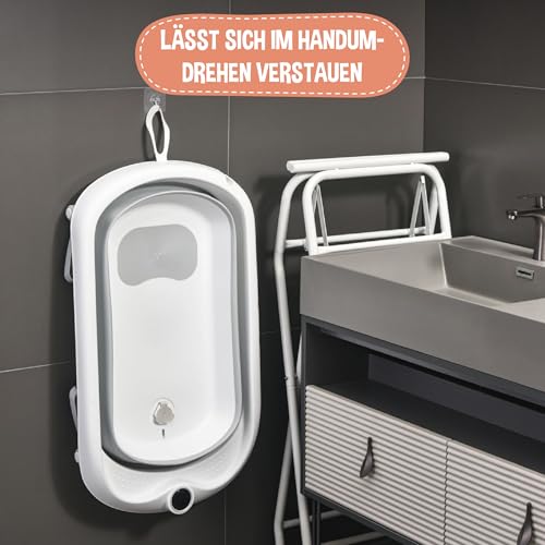 Faltbare Babywanne mit Gestell – XXL Baby Badewanne mit Ständer, Thermometer 2.0, Badesitz & Ablaufsystem – Perfekt für die Dusche – Ab Geburt bis 3 Jahre – Ideal als Baby Geschenk