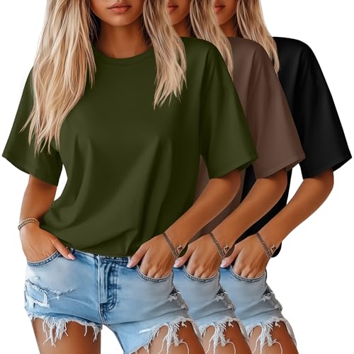 Huukeay 3 Pack Women's Half Sleeve T-Shirts, Crew Neck Elbow Length Tops Loose Casual Basic Tees Summer Cotton Tunic Tops