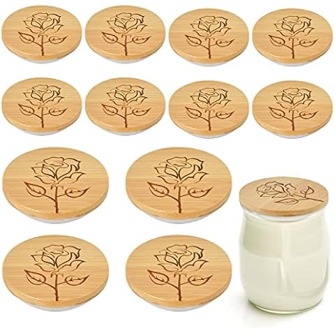 Aemygo 12 Pieces Oui Yogurt Jar Lids, Bamboo Wood Lids, Lids with Silicone Sealing Rings and Rose Pattern Cover