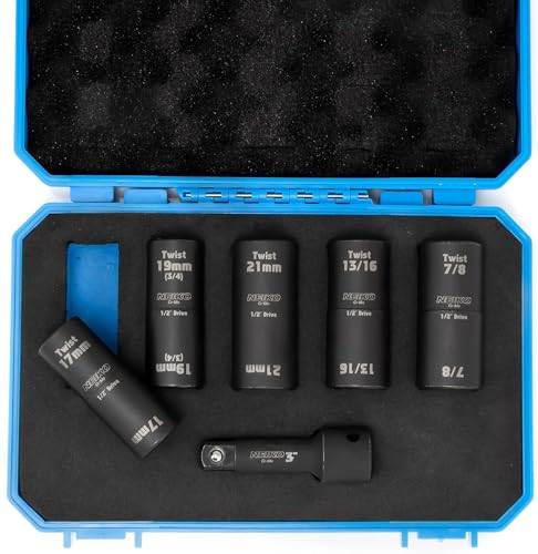 Image of NEIKO 02340A Twist Socket Set, 6 Pc Lug Nut Extractor, SAE & Metric, 1 /2 Inch Dr. Impact Flip, 6 Point, CR-Mo Steel Wheel, 3 inch Impact Extension Bar, Black