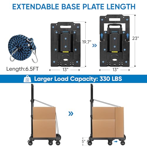 Image of TICONN 330LB Folding Hand Truck Dolly, Portable Heavy Duty Dolly Cart with 7 Tank Wheels, Lightweight Luggage Moving Cart with 2 Brake Wheels for Moving, Shopping, Travel, Office