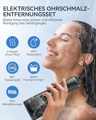 Ohrenschmalz Entferner Ohrenreiniger, Elektrischer Ohrreiniger für Erwachsene Kinder, IPX7 Wasserdicht Ear Cleaner mit 4 Modi & DIY Wasserdruck Ohrenspülung - Ohrendusche Set mit 4 Ohr Tipps (Schwarz)