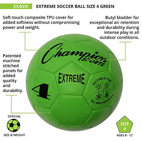 Champion Sports Extreme Series Soccer Ball, Size 4 - Youth League, All Weather, Soft Touch, Maximum Air Retention - Kick Balls For Kids 8-12 - Competitive And Recreational Futbol Games, Green #TOP3