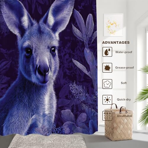 BaoNews Süßes Känguru-Dekor-Duschvorhang-Set, Känguru in lila Pflanzen, Polyester, Duschvorhang für Duschkabine, Badezimmer, wasserdicht, mit 12 Haken, 183 x 183 cm