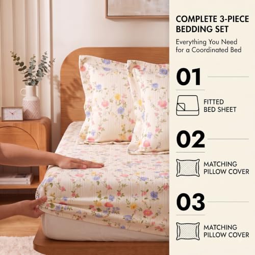 Image of VAS COLLECTIONS 240 TC Premium Fitted Bedsheet, Floral Printed King Size Elastic Deep Pocket Mattress Cover, Soft Breathable Bed Sheet for Bedroom, 72 x 78 + 10 Inches (183 x 198 + 25 cm) - Coral Rose
