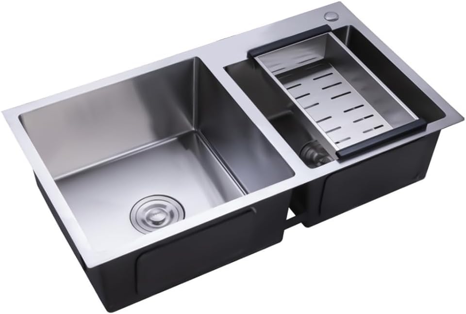 NadineDutol Fregadero de cocina doble de acero inoxidable cepillado con escurridor, fregadero doble, 78 x 43 x 21 cm
