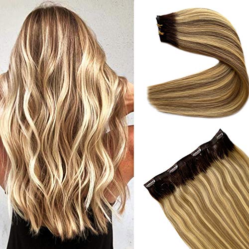 Hair Extensions Clip in Human Hair Ombre Chocolate Brown to Dirty Blonde with Honey Blonde Highlights Seamless Real Hair Extensions 1 Piece Skin Weft Clip on Hair Extensions 20 Inch 100Gram for Women…