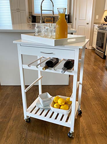 Rolling Wooden Pine Kitchen Storage Utility Cart on Wheels 4-Tier with Drawer, Removable Serving Tray, Open Shelf and 5-Bottle Wine Rack, White