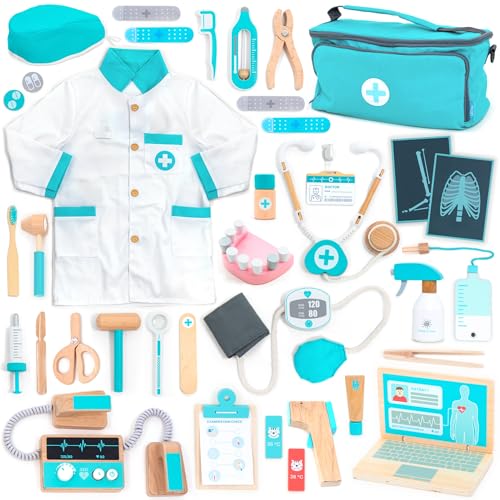 UMU® Maleta médica de madeira de luxo para crianças com estetoscópio, batinha médica, computador portátil, acessórios de dentista e mais, maleta de médico, brinquedo para jogos de representação, 37