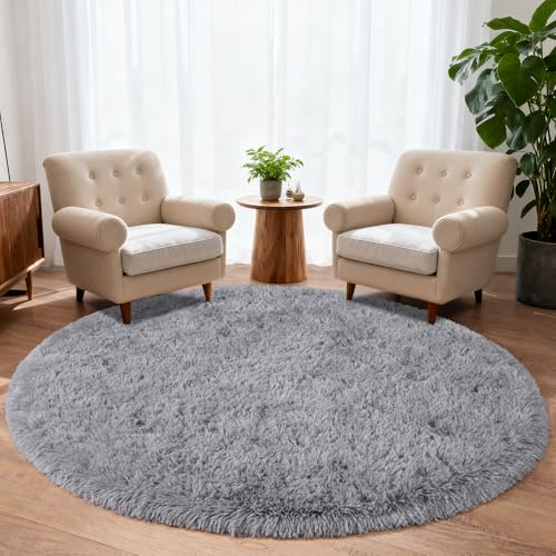 iEvery Large Round Rugs for Living Room 160cm - Fluffy Shaggy Circular Rug for Bedroom, Soft Non Slip High Pile Modern Floor Carpet for Kids Room, Light Grey