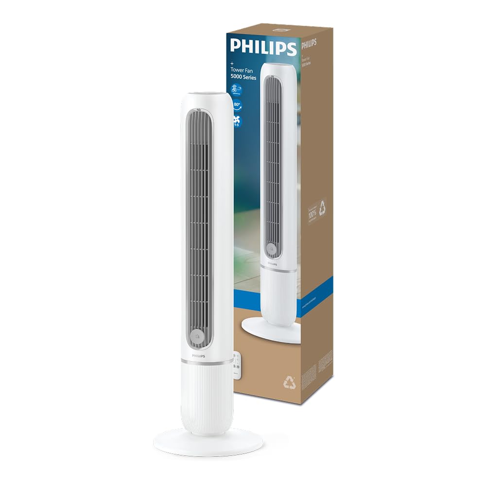 Philips Ventilador de torre Serie 5000 - Potente 8,1 m/s, ultrasilencioso 24 dB, ventilador torre bajo consumo energético, 5 velocidades, modo Sleep, temporizador de 9h, oscilación de 80° (CX5550/00)