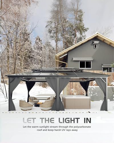 Hardtop Gazebo 12'x20' for All Weather, Double Polycarbonate Sheets Roof, Aluminum Alloy Frame, Net, and Curtain, Permanent Building for Patio, Deck, Backyard, Lawn, and Garden, Gray