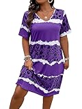 SOLY HUX Women's Plus Size Leopard Print V Neck Short Sleeve T Shirt Dress Summer Short Dresses Purple Print 2XL