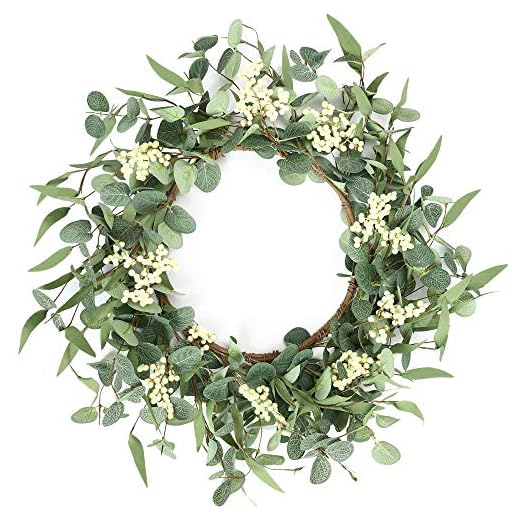 25+ Charming Fall Farmhouse Decor Ideas for Your Home 6 Pinkpum 20'' Eucalyptus Wreath for Front Door, Porch, Window - Green Decor for Home, Farmhouse - Spring, Summer, Fall, All Seasons