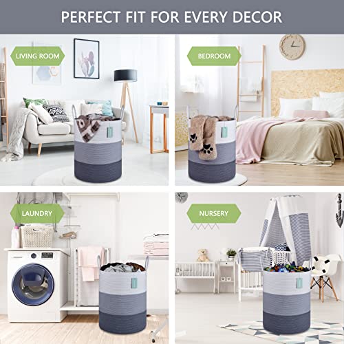 Image of Large Cotton Rope Laundry Hamper for Clothes 65L, White & Gray