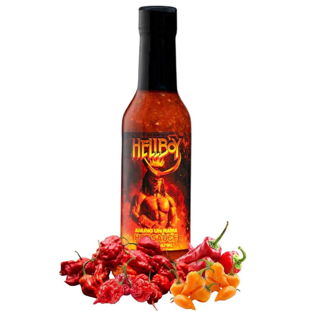 HELLBOY ANUNG UN RAMA Hot Sauce, Officially Licensed Hellboy 2019 Movie Hot Sauce “Anung un Rama." This is the stuff Demons are raised on! A Hellish Blend of Superhot Bhut Jolokia, Trinidad Scorpion