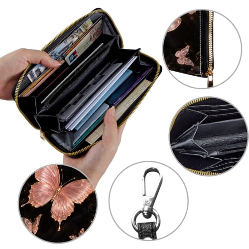 Image of Women's Wallets Credit Card Holder Money Leather Long Wallet | Long wallet with Wristlet,Large Capacity with Zip-Around Phone Purse for Women Ladies Girls,Gold Pink Butterfly