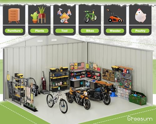 Image of Greesum 10x10FT Outdoor Storage Shed, Utility Tool Shed Metal Storage Shed with Door & Lock for Patio Storage, Garden, Lawn, Gray