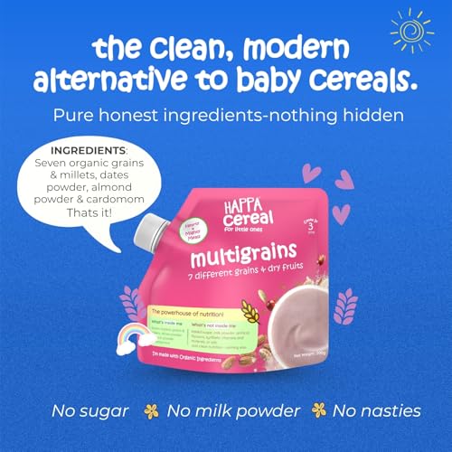 Image of Happa Multigrain Cereal for Babies | Only 7 Ingredients | No Sugar, Oil, Milk Powder, Flavours or Colours | Traditional Porridge Recipe | Cooks in 3 Minutes | Stage 2 (6 Months+) | 200g Pack