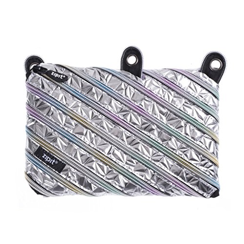 ZIPIT Metallic Pencil Case for Girls | 3-Ring Binder Pencil Pouch | Large Capacity Pencil Pouch for School (Silver)
