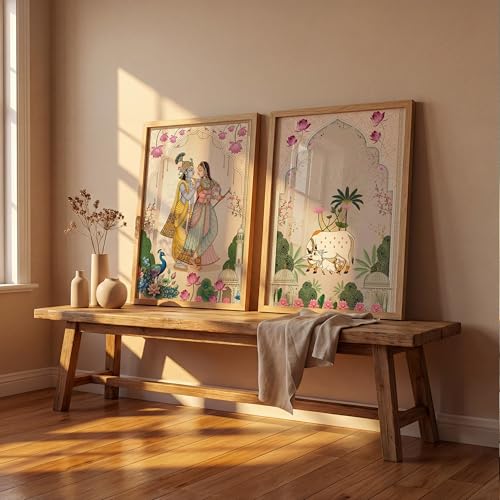 Image of Suneree Pichwai Radha Krishna Kamdhenu Cow Wall Art Painting | Set of 2 Framed Paintings | Traditional Indian Decor for Living Room Pooja Room Home | (ART 3, 13x19 INCHES)