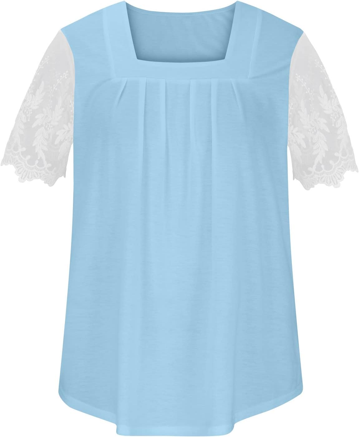 Women Square Neck Blouse Lace Short Sleeve Pleated Tops Loose Fit Hide Belly Dressy Casual Tunic Shirts