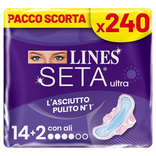 LINES SETA ULTRA GIORNO con ali, Pacco scorta da 240 assorbenti per ciclo mestruale, ali ad incastro perfetto, zero odori, Ipoallergenico, cuore lines super assorbente,filtrante seta con fori a imbuto