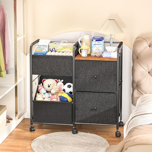 ThreeHio Baby Diaper Caddy Organizer Cart, Bedside Cart for Baby Essentials, Newborn Nursing Storage with Drawers and Lockable Wheels, Baby Organizers and Storage for Bedroom, Living Room, Bathroom