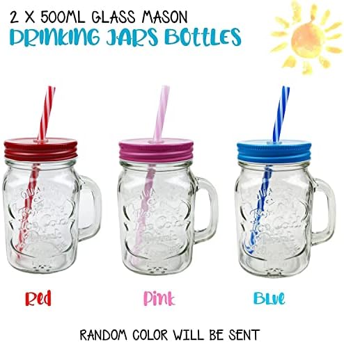Pack of 2 Mason Jars with Handles, 500 ml Durable Drinking Glasses with Lids, Straws  Perfect for Cold Beverages Including Juices and Smoothies  Ergonomic and Comes in Attractive Hues and Designs