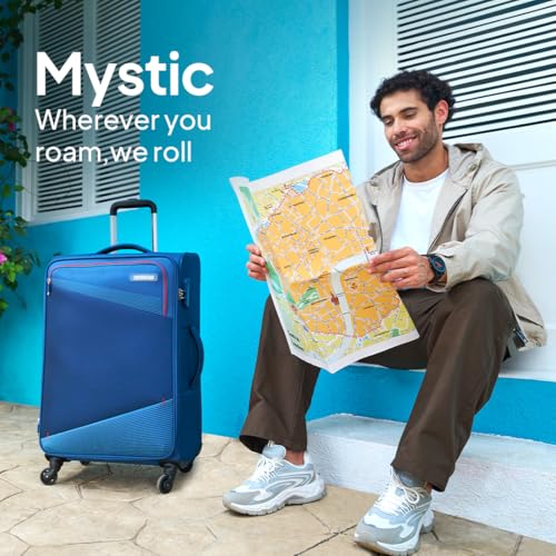 Image of American Tourister Mystic | Cabin Trolley Bag (58 cm) | 360 4 Wheel Travel Luggage | 1 Compartments | Soft Luggage Polyester Expandable Suitcase | Mounted Combination Lock | 3 Years | Dutch Blue