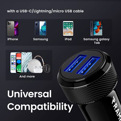 Rampow Car Charger 24W/12V 4.8A Dual Cigarette Lighter Usb Adapter With Blue Led For Iphone 14/13/12/11/X/8/7/6/5/Se, Ipad Pro/Air 2/Mini,Samsung Galaxy S9/S8/S7, Motorola, Lg, Htc,Tablet & More-Black #TOP5
