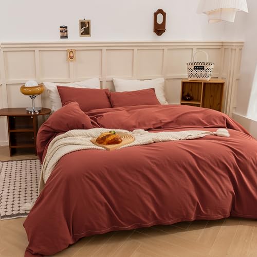 Image of ECOCOTT Duvet Cover Queen Size - Linen Feel Organic Natural 100% Washed Cotton, Soft Breathable 3 Pieces Bedding Set with Zipper Closure, Burnt Brick Red