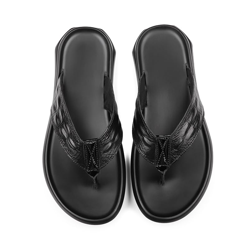 Men's Black Genuine Leather Flip Flops, Casual Summer Flats with Rubber Outsoles2