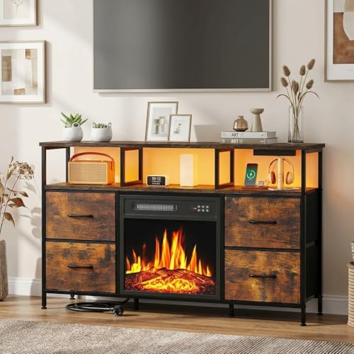 Waleaf Meuble TV avec Cheminée Electrique, Commode Meuble TV Bas pour Salon Chambre, Chauffage & Effet Flamme 3D, 4 Tiroirs & Étagères Ouvertes, pour Téléviseur...