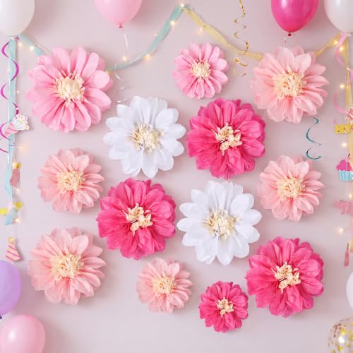 Image of Cholemy 24 Pcs Tissue Paper Flowers 8 inch 10 inch 12 inch, Pink, White