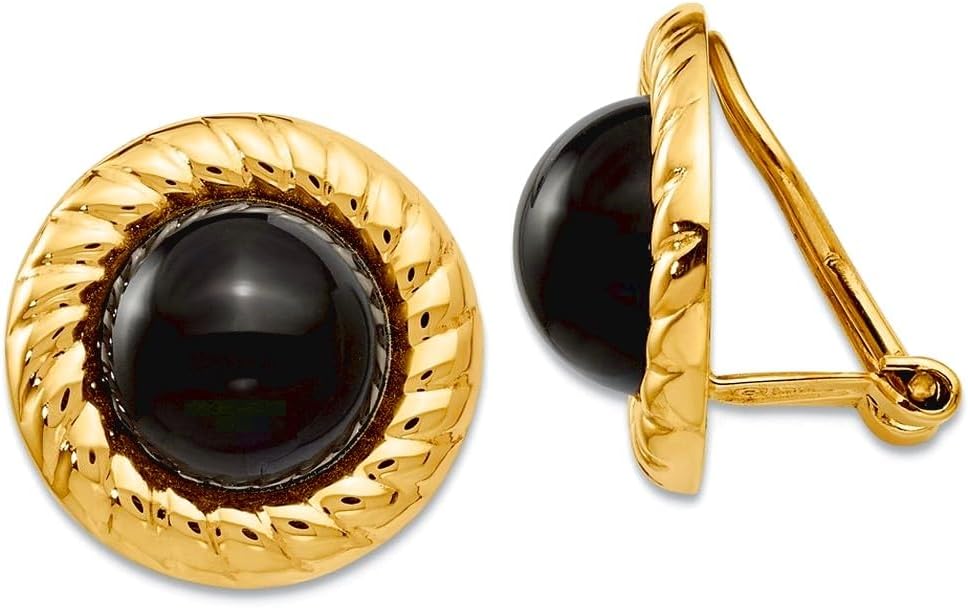 14k Yellow Gold Polished Omega Clip Non Pierced Simulated Onyx Earrings 17x17mm Wide Clip on Earring for Women