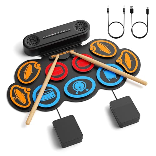 Elektronisches Schlagzeug, Schlagzeug Kinder mit 9 Drum-pads & 2 Lautsprechern & 2 Pedalen, Faltbar, Kinder Unterstützt Aufnahme & Bluetooth & App, 1500 Mah Akku, 10 Stunden Akkulaufzeit