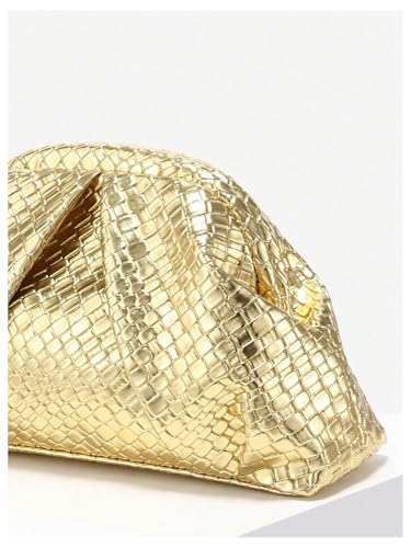 Image of OYOANGLE Women's Minimalist Woven Leather Clutch Purses Textured Kiss Lock Pleated Vintage Evening Handbags