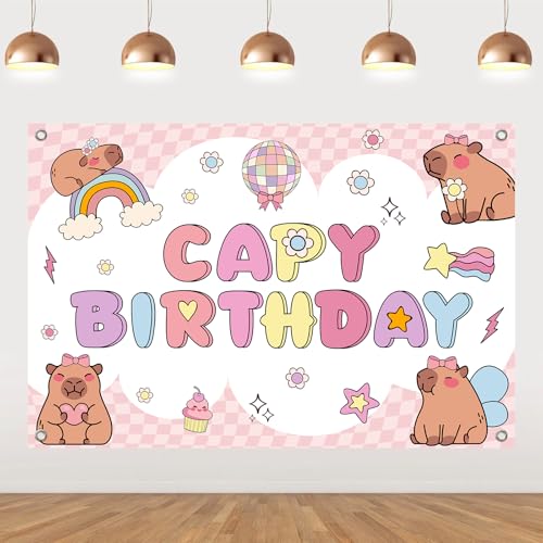 Toile de fond d'anniversaire Capybara aux couleurs vives pour filles