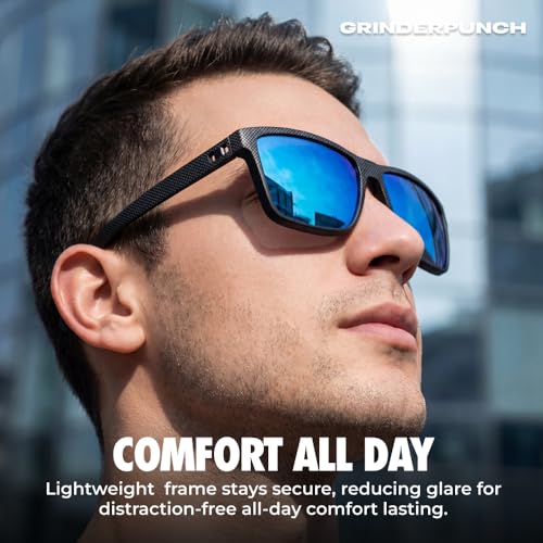 Image of grinderPUNCH Polarized Square Sunglasses for Men Black Designer Polarized Sunglasses Trendy Shades Sunglasses For Men UV 400 (2 Pack Black & Blue)