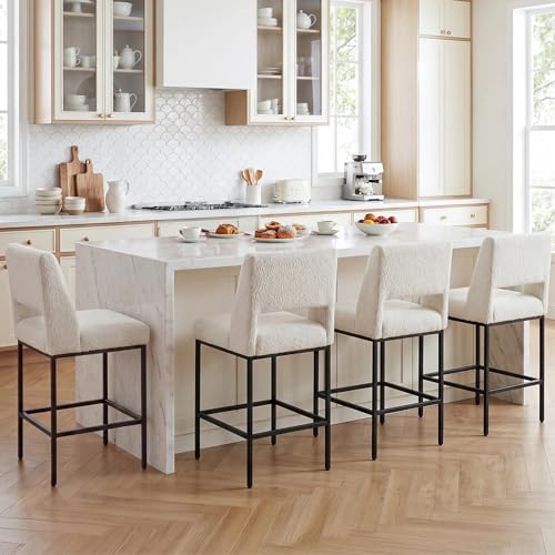 Image of Zesthouse Counter Height Stools Set of 4, Upholstered Boucle Fabric Barstools with Backs, 26 inch Modern Bar Chairs for Kitchen Island, Counter Height Chairs with Extra Thick Cushion & Metal Legs, White