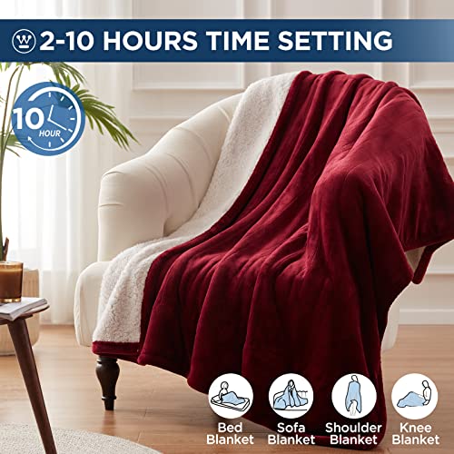 Westinghouse Heated Throw Blanket, Electric Blanket Throw with 6 Heating Levels and 2-10 Hours Time Settings, Flannel to Sherpa Super Cozy Heated Blanket Machine Washable, 50x60 inch, Red