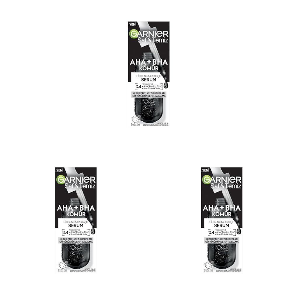 Garnier Aha+Bha Cilt Kusurları Karşıtı Siyah Serum%4 [Niasinamid+Peeling Etkili Aha+Bha] 30ml (3 paketi)