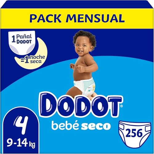 Dodot Bebé Seco Talla 4 Mega Pack Ahorro 256 Pañales | 9 14 kg | Hasta 12 horas seco | Canales de aire | Ajuste anti fugas + 1x10 Toallitas Aqua pure 99% Aqua GRATIS.
