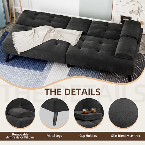 Image of Shintenchi Futon Sofa Bed, Velvet Foldable Couch, Reclining Sleeper with Removable Armrests, Upholstered Loveseat Sofa Couch with Folding Cup Holders for Home, Office(Black)