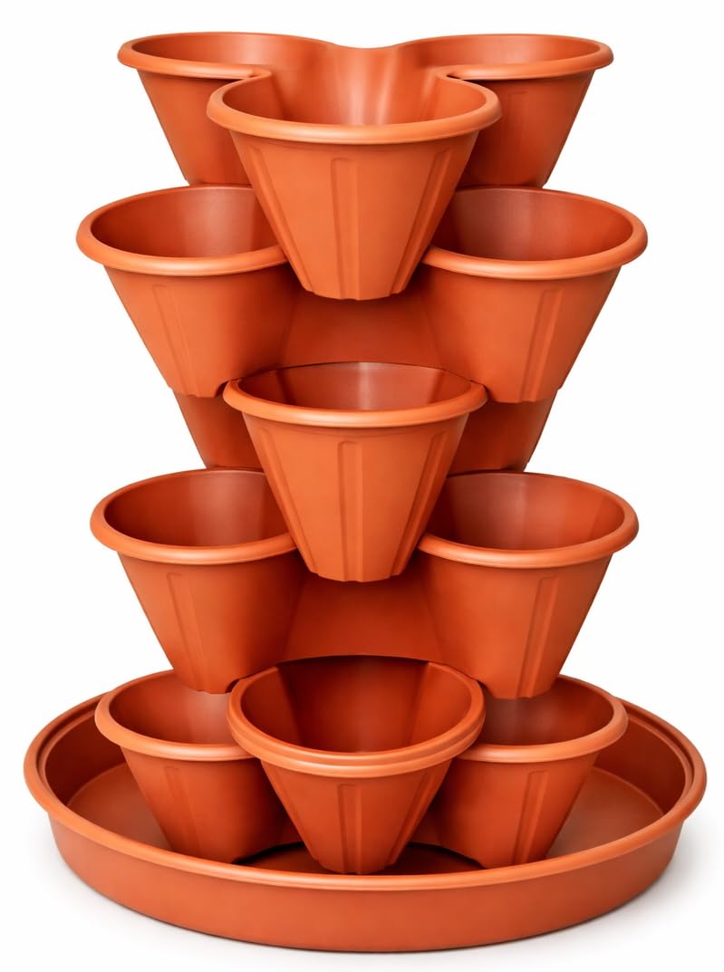 Muddy Hands Stackable Strawberry Planter Tower with Saucer - 6 Tier Vertical Plant Pots for Herbs, Flowers & Vegetables - Space Saving Garden Planter for Patio Balcony Outdoor (Terracotta)