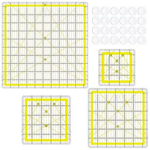 ZICALSO Quilting Rulers, Acrylic Square Rulers (3.5", 5", 6.5", 10.5"), Fabric Cutting Ruler with Non-Slip Rings for Quilting and Sewing
