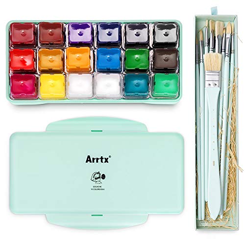Arrtx Gouache Paint Kit, 18 Colors x 30 Milliliter Paint Set, 10 Pieces Hog Bristle Paint Brushes, Unique Jelly Cup Design with Portable Case Gouache, Perfect for Oil, Acrylic Painting (Mint Green)