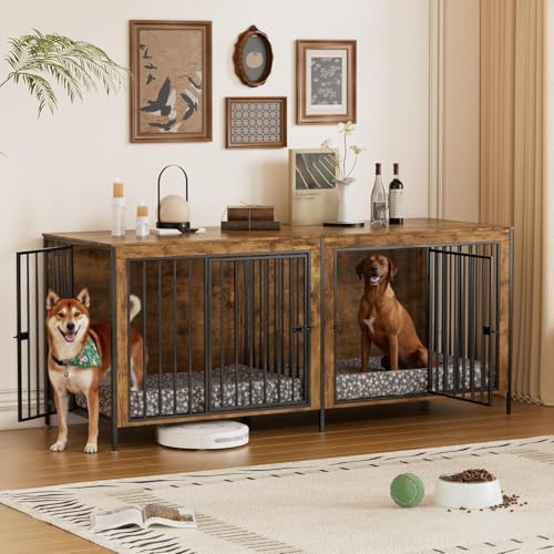 78.7" Dog Crate Furniture, Large Double Dog Crates Heavy-Duty Dog Cage with Divider & 4 Doors, 2 in 1 Wooden Indoor Puppy Kennel&TV Stand for Medium Large Dogs, Brown