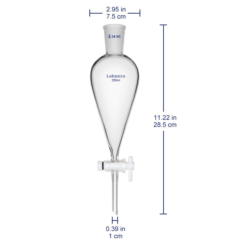 Labasics Imbuto Separatore Conico in Vetro Borosilicato 250ml con Rubinetto di Arresto in PTFE